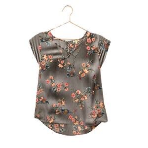 Lily white striped floral bird short sleeve cross cross detail blouse large